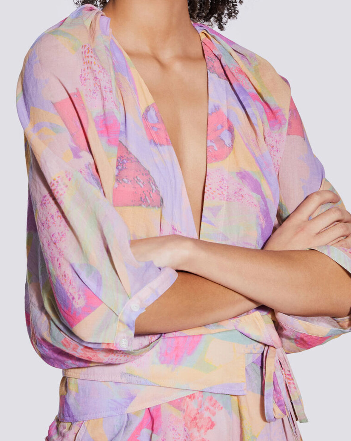 CERAN GEOMETRIC PRINT WRAP MINI JUMPSUIT image number null